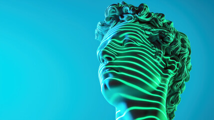 Digital reinterpretation of classical sculpture with neon lines and blue background