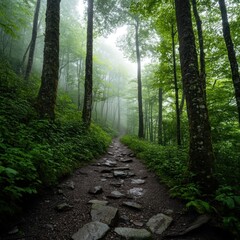 Fototapeta premium Serene forest trail nature walk foggy environment lush greenery tranquil viewpoint escape into wilderness