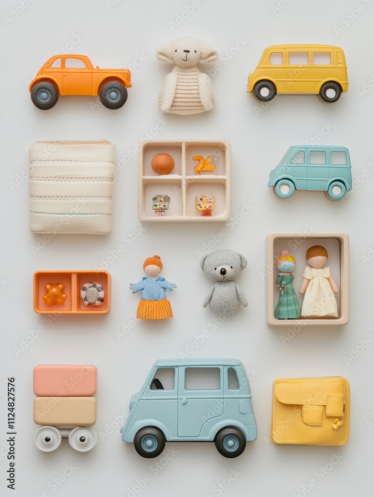 Poster flat lay arrangement of assorted children's toys featuring cars, dolls, and blocks on a clean white 