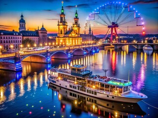 Obraz premium Captivating Aerial View of the Steamboat Parade in Dresden, Showcasing a Drone Crossing the Bridge with a Stunning Bokeh Effect and Vibrant Cityscape Background