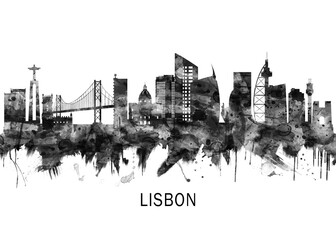 Obraz premium Lisbon Portugal Skyline BW, city landscape banner district business print painting watercolor