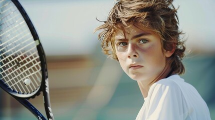 A young boy with messy hair stands next to a tennis racket dressed in a white shirt and looking directly at the camera.