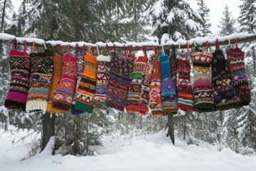 Naklejka premium Colorful knitted mittens hanging in a snowy setting