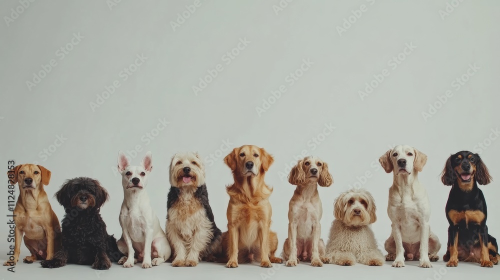 Poster a variety of dogs of different breeds and sizes sit closely together, showcasing their unique featur