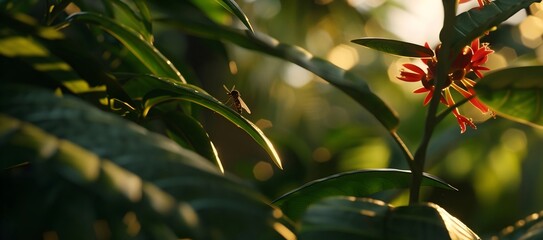 Close-up of mosquito resting on leaf in tropical forest, emphasizing its role in transmitting viruses, shallow depth of field.