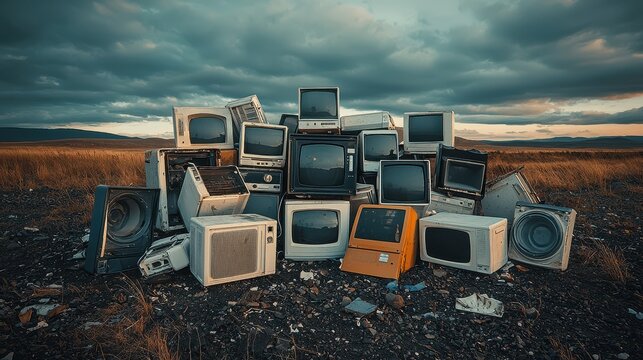 Vintage Electronics Pile in a Scenic Landscape Under Dramatic Cloudy Sky at Dusk