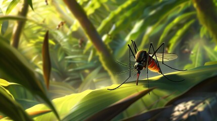 Close-up of mosquito resting on leaf in tropical forest, emphasizing its role in transmitting viruses, shallow depth of field.