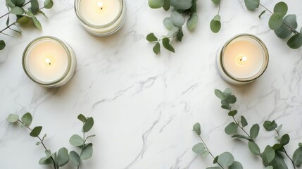 Overhead view of candles in glass holders with eucalyptus on a white marble background with space for text