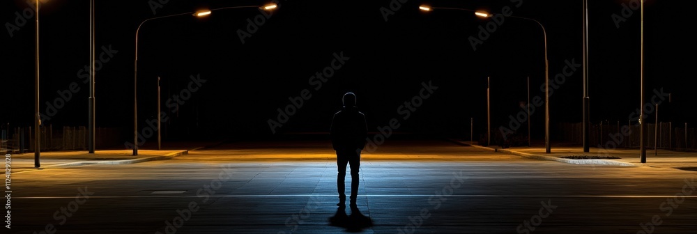 Poster a lonely person stands in the middle of an empty street under dim streetlights, surrounded by darkne