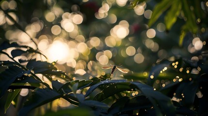 Close-up of mosquito resting on leaf in tropical forest, emphasizing its role in transmitting viruses, shallow depth of field.