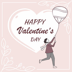Happy Valentine Day card featuring person holding balloon, surrounded by floral elements. This design captures joy and love of holiday