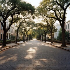 Fototapeta premium Serene tree-lined street in historic charleston scenic urban landscape photography morning light peaceful atmosphere