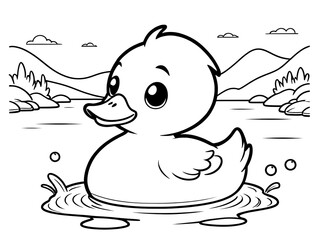 Fototapeta premium Adorable Duckling in a Serene Lake: A Coloring Page