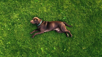 Aerial view a brown labrador is lying down a grass field. Cute Chocolate Labrador Retriever in green lawn summer park. Above view from a drone.