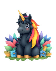 Fototapeta premium A black unicorn with rainbow hair is sitting in a field of flowers. The unicorn has a happy expression on its face