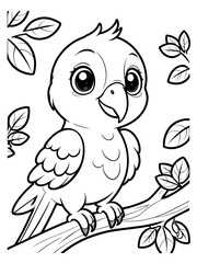 Fototapeta premium Adorable Little Parrot on Branch Coloring Page