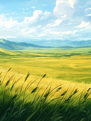 Fototapeta premium Expansive green fields under a bright blue sky.