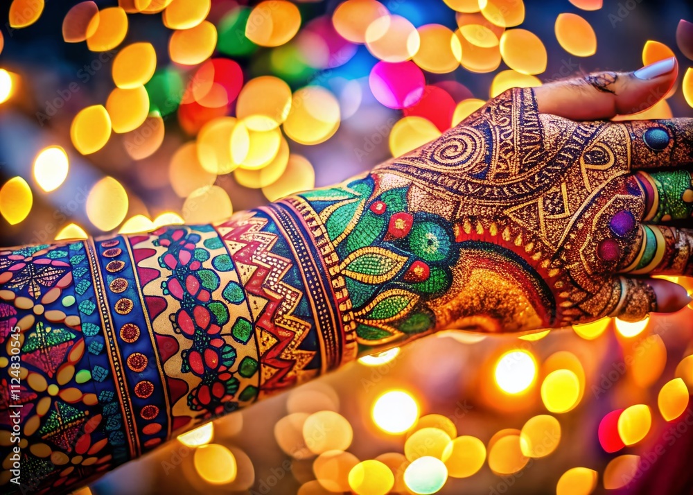 Poster Captivating Arm Pattern Art with Bokeh Effect: A Fusion of Colorful Abstract Designs and Light, Showcasing Intricate Details and Creative Expressions in a Dreamy Background
