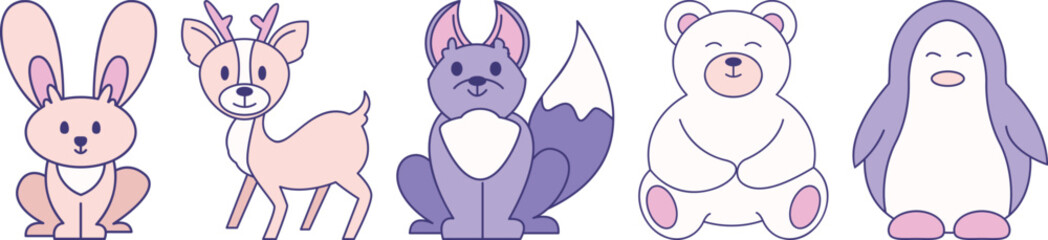 A group of cartoon animals, including a rabbit, a deer, a fox, a bear