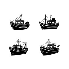 Set of Fishing vessel boats silhouette, black and white silhouette, vector and illustration