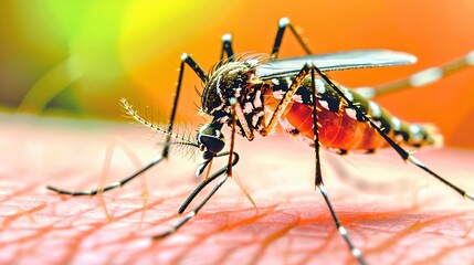 Close-up of mosquito resting on leaf in tropical forest, emphasizing its role in transmitting viruses, shallow depth of field.