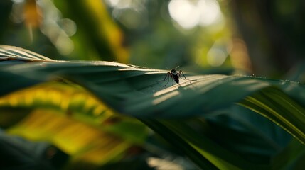 Close-up of mosquito resting on leaf in tropical forest, emphasizing its role in transmitting viruses, shallow depth of field.