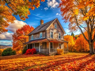 Captivating Autumn Scene of an Old House Surrounded by Vibrant Fall Foliage in a Serene Rural Landscape, Perfect for Seasonal Decor and Real Estate Inspiration