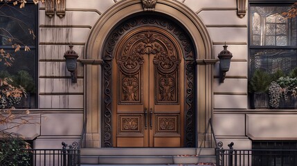 An antique arched door with a heavy wooden frame, adorned with intricate ironwork.