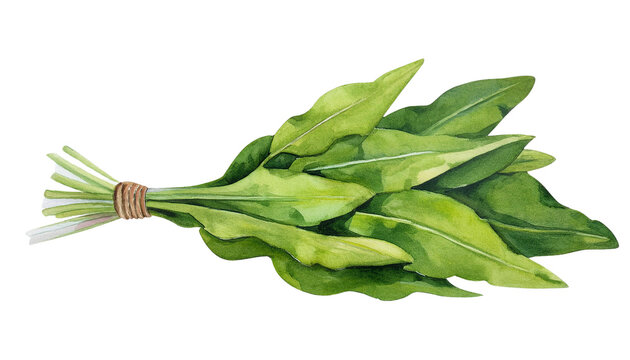 Fresh Green Sorrel Leaves Bundle Watercolor Painting Food Illustration