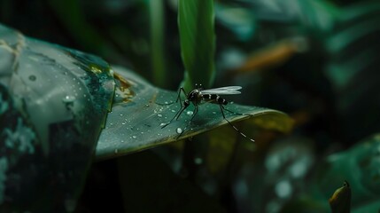 Close-up of mosquito resting on leaf in tropical forest, emphasizing its role in transmitting viruses, shallow depth of field.