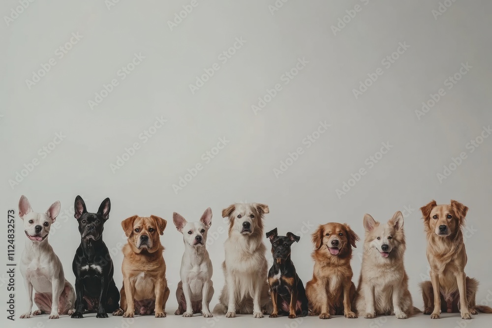 Poster Dogs of different breeds and sizes are sitting together on a light, neutral background, creating a cheerful and engaging atmosphere. Generative AI