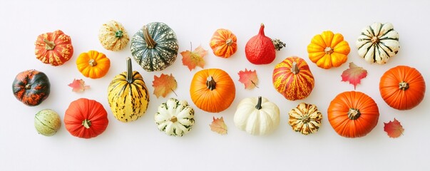 Colorful pumpkins and gourds creating autumnal flat lay composition