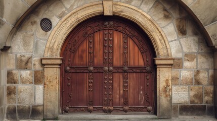 An antique arched door with a heavy wooden frame, adorned with intricate ironwork.