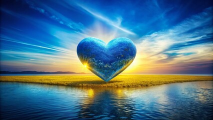 Fototapeta premium Captivating Blue and Yellow Heart Shape on a Beautiful Blue Background, Ideal for Romantic Themes and Creative Projects