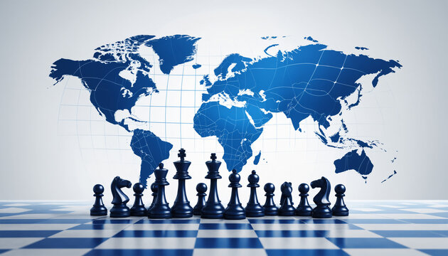 Strategic global business concept illustrated with chessboard merging with a world map, highlighting planning and leadership on a global scale.
