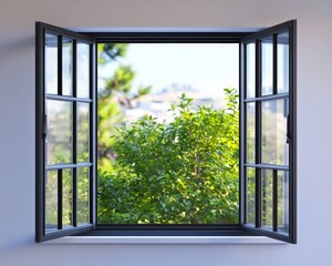 Fototapeta premium Open window with green view outside.