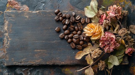 cup coffee beans wooden  earthy. A rustic wooden surface adorned with coffee beans and dried flowers, creating a warm, inviting aesthetic.