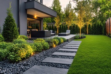 Obraz premium Modern backyard with evening lights, landscaped path, and lounge area