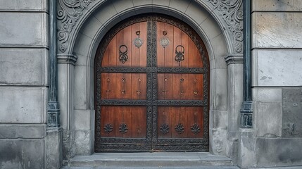 An antique arched door with a heavy wooden frame, adorned with intricate ironwork.