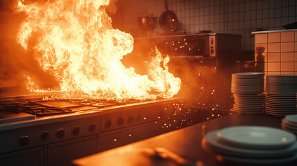 A kitchen engulfed in flames highlights the importance of fire safety and emergency preparedness.