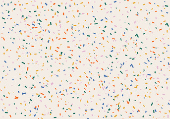Fun colorful falling decorative confetti pattern. Festive childish background in doodle style