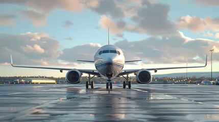 Airplane on the runway in the airport at sunset
