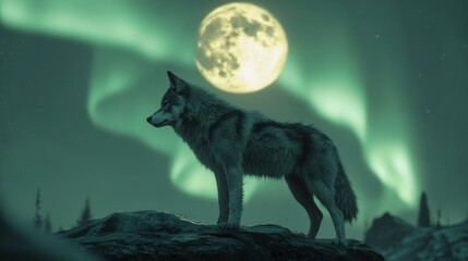 Majestic Wolf Under the Northern Lights