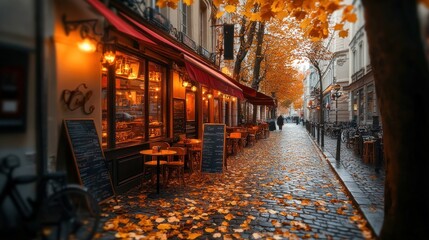 Fototapeta premium Autumnal Parisian Cafe: A Charming Cobblestone Street Scene