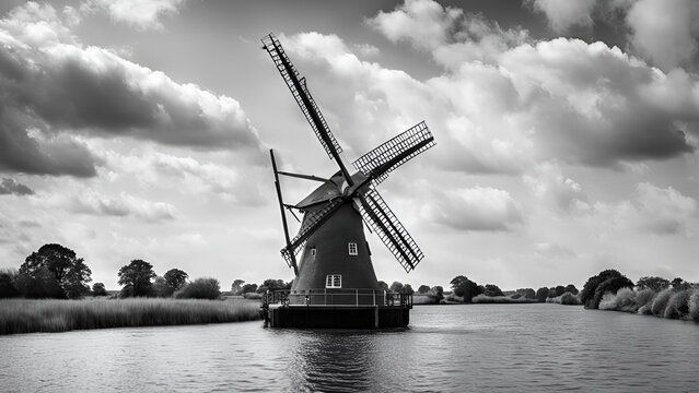 A striking black and white landscape showcasing windmills in the Norfolk Broads - Powered by Adobe