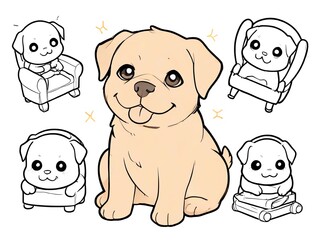 Adorable Labrador Puppy Illustration: A Collection of Cute Canine Drawings in Various Poses, Including a Sitting Puppy and Smaller Outlines