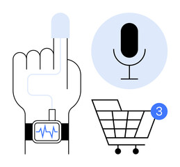 Hand with health-monitoring wearable device, voice command button, shopping cart icon with notification count. Ideal for technology, healthcare, shopping, IoT, smart devices, voice recognition