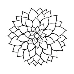 black and white dahlia flower illustration with layered petals in a symmetrical design