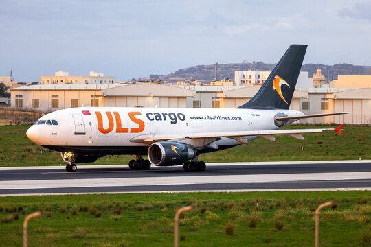 Luqa, Malta - December 8, 2024: ULS Cargo Airbus A310-308(F) (Reg.: TC-SGM) departing in the early morning after a 2 hour stop.