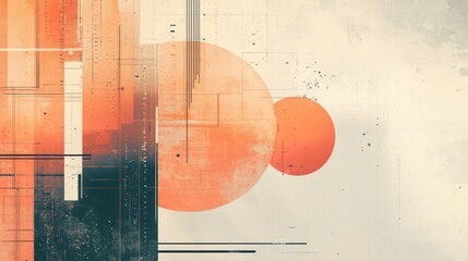 Minimalist abstract composition featuring geometric lines and textured orange circles on a light beige background with subtle grunge details. AI generative.